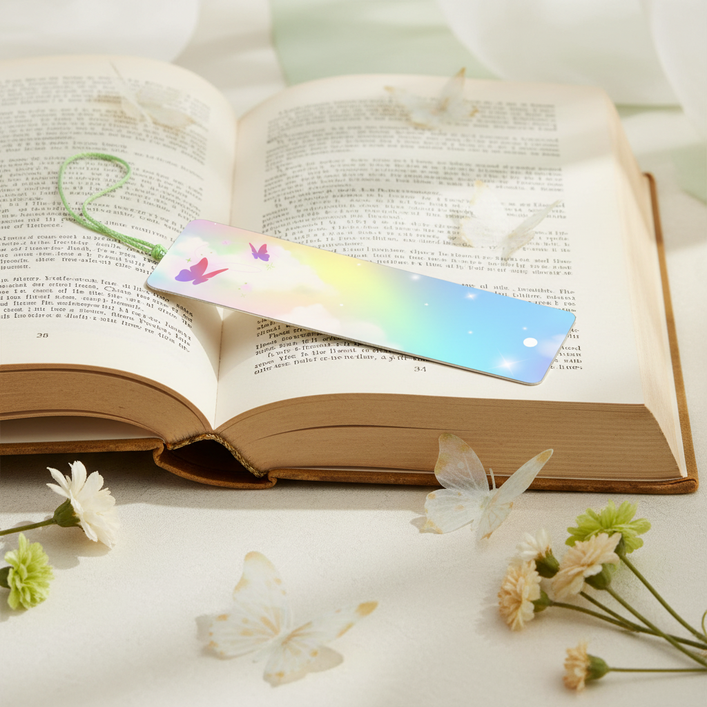 Segnalibro Farfalle in metallo su libro aperto con farfalle e fiori