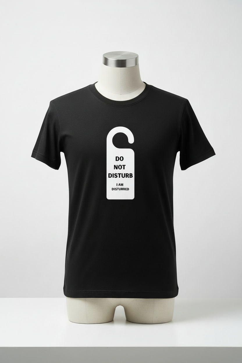 T-shirt Do Not Disturb nera su manichino - design piccolo