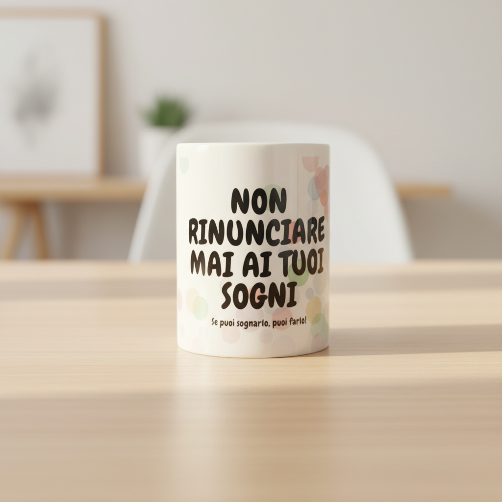 Tazza Sogni frontale su scrivania